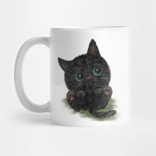 Black cat with blue eyes is lying down Mug